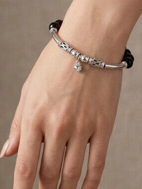 Handcrafted Artisan Silver Tube & Glossy Black Glass Bead Charm Bracelet